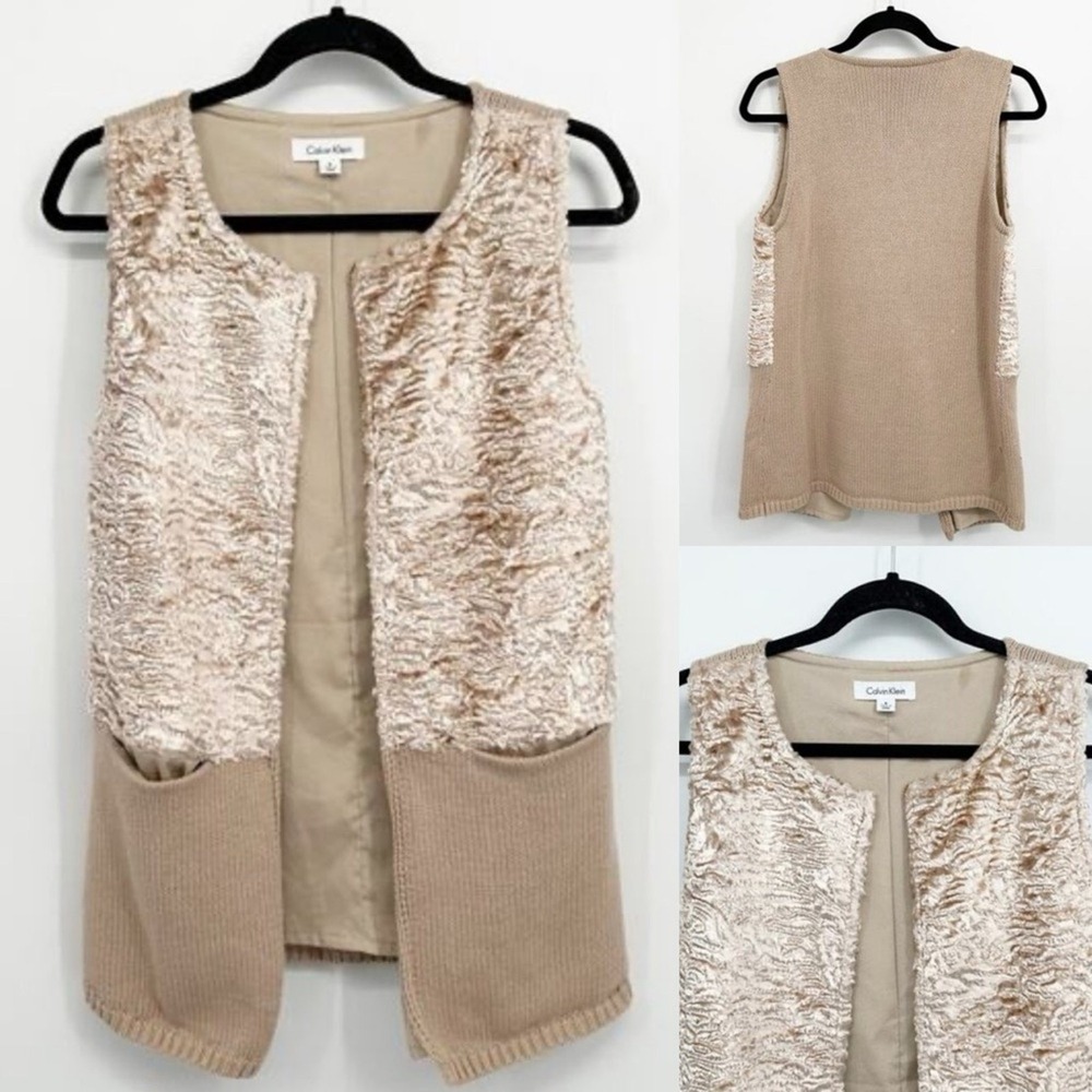 Calvin Klein Women's Faux Fur Sweater Vest Small Beige Soft Layer Y2K Boho Chic